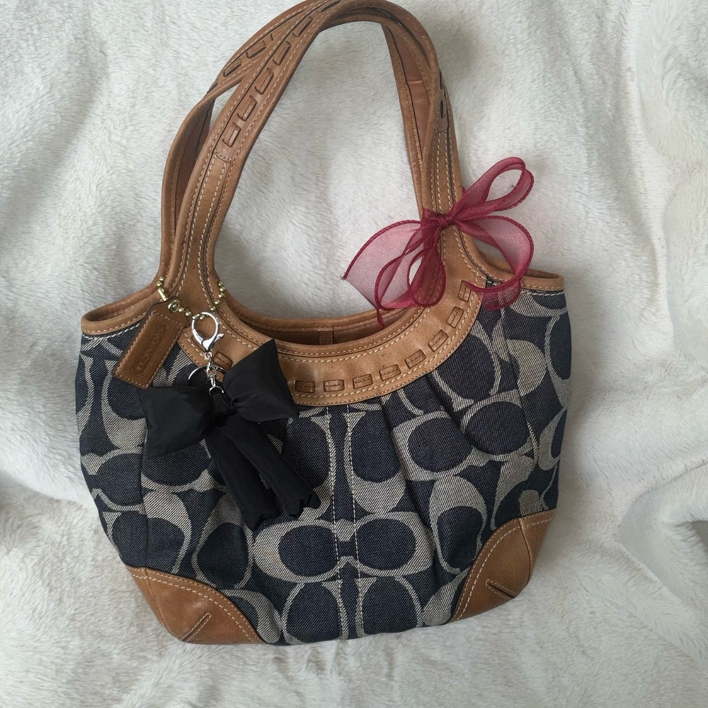 Coach Tan and Black Shoulder Bag with Signature Logo and Leather Trim